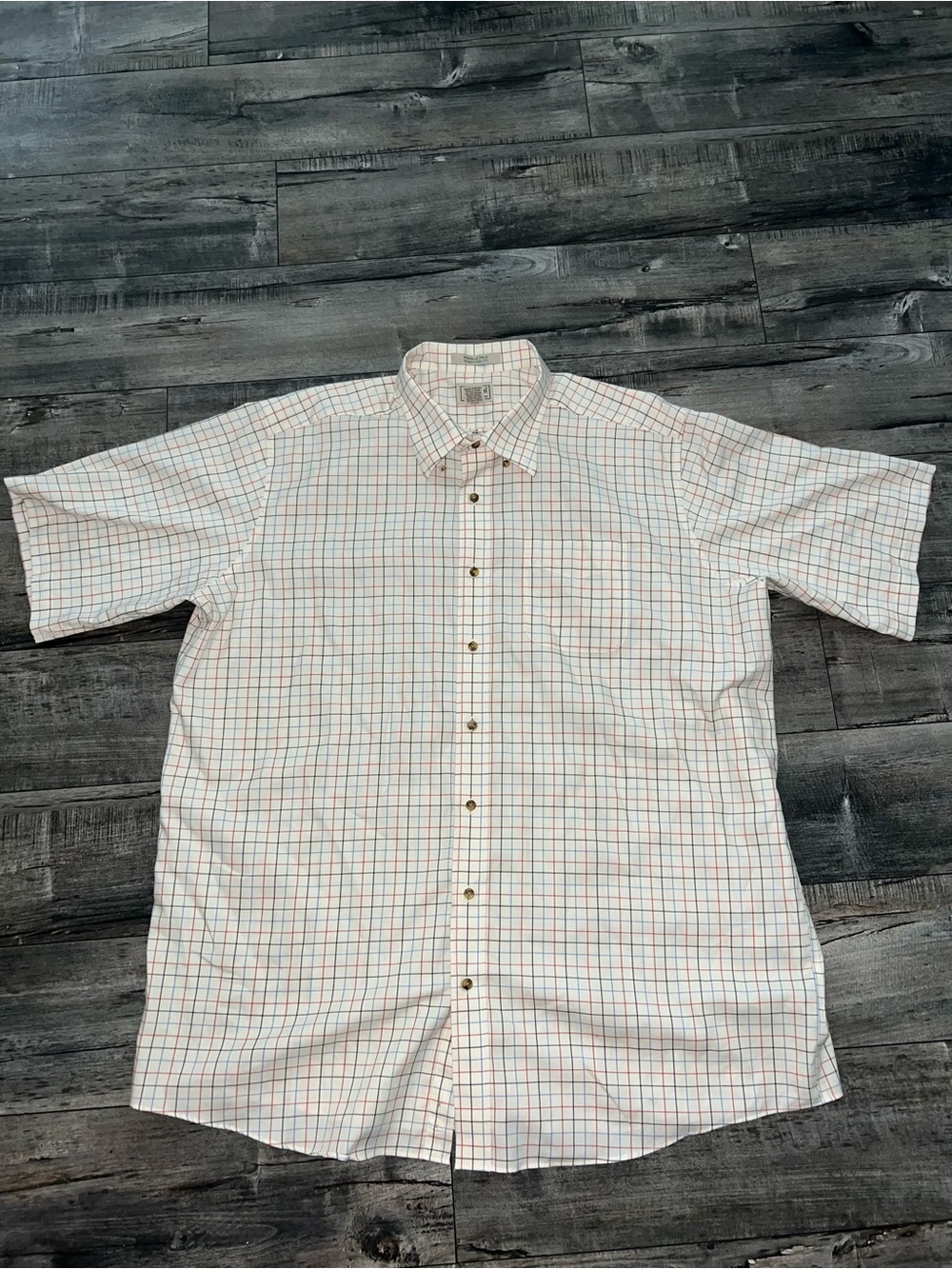 Men's LL Bean Short-Sleeve Button-Up Plaid Shirt - White with Red & Blue Check